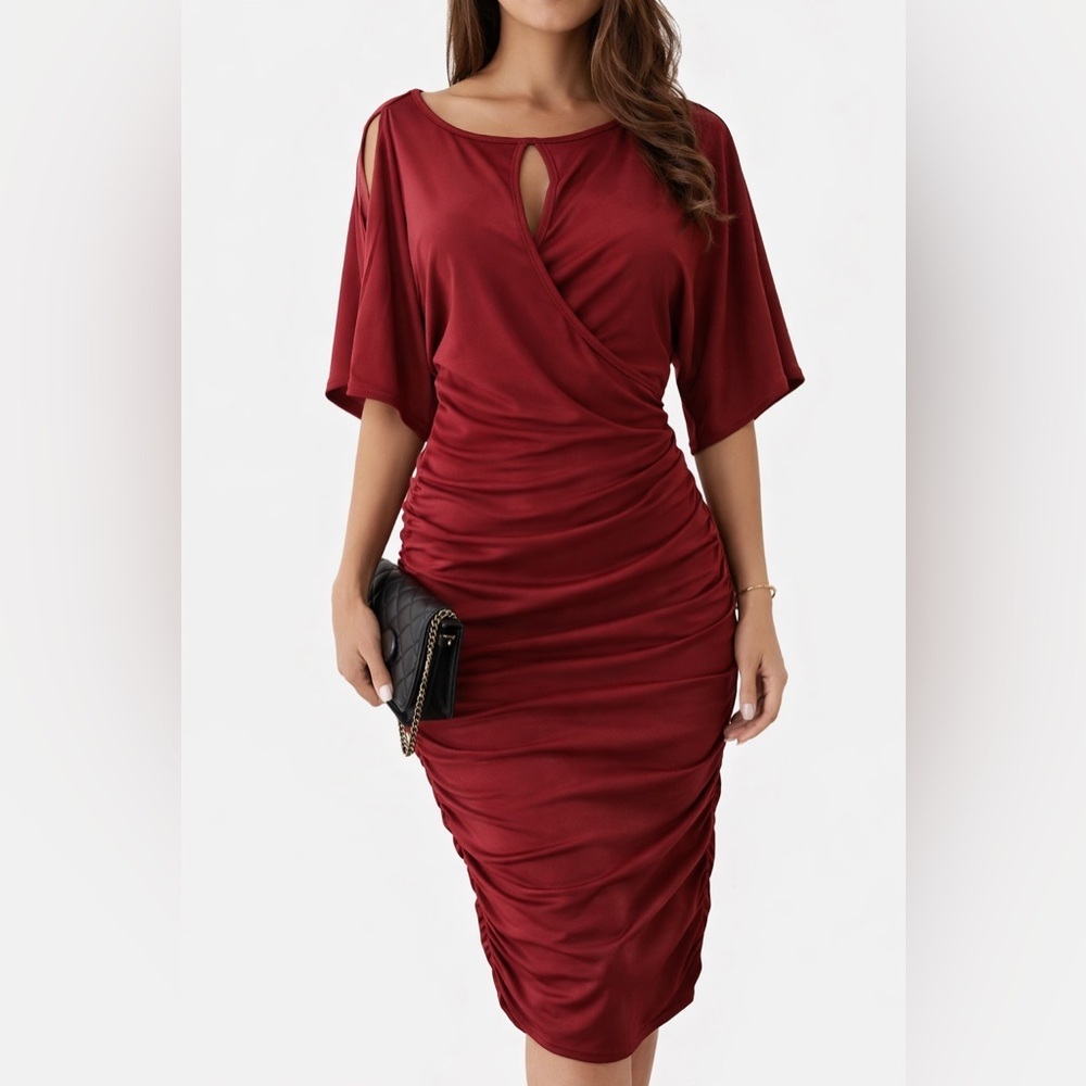 Burgundy Ruched Midi Dress Batwing Sleeves Keyhole Neckline XL